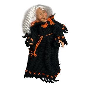 Vintage 1994 Tilda Witch Doll Old Lady Crochet Orange Black Halloween FibreCraft